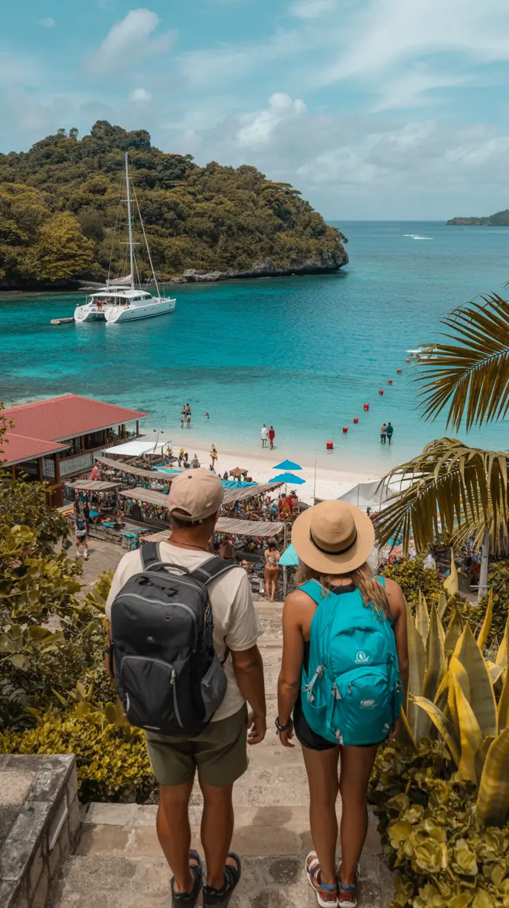 Smiling travelers explore vibrant markets, colorful crafts, tropical gardens, sandy beaches, and historic architecture surrounded by turquoise waters and lush jungle pathways.