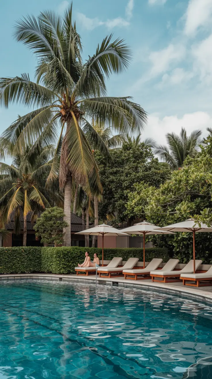 Luxurious resort pool surrounded by tropical palm trees, elegant loungers, serene water, and relaxed guests in a tranquil, lush setting.