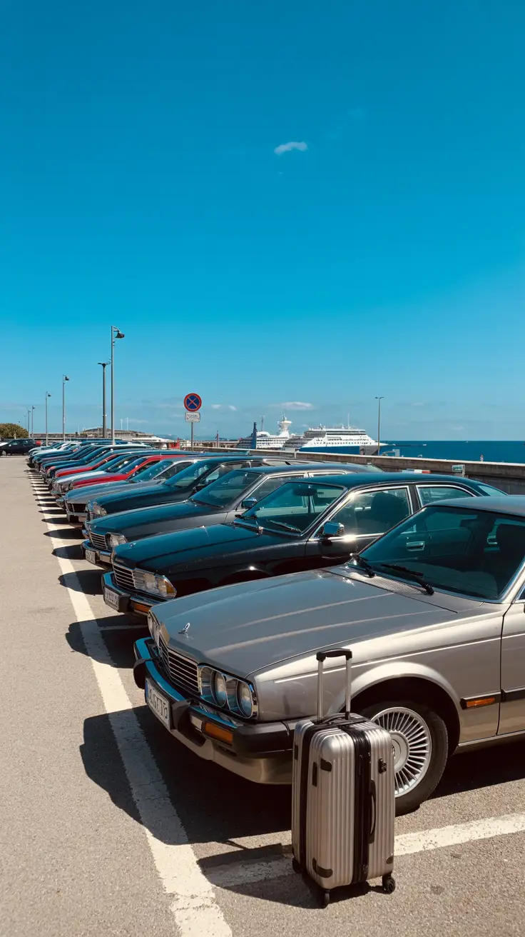 A sunlit row of parked cars gleams under a bright blue sky at a coastal lot near the Livorno cruise port, with a single suitcase beside a silver sedan.