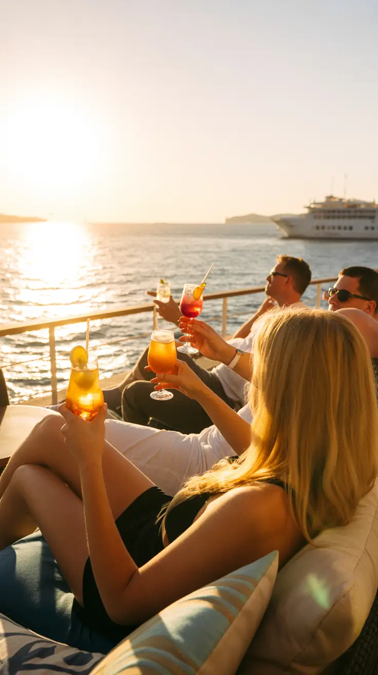 A golden Ibiza sunset bathes Café del Mar in warm light as cruise passengers relax with cocktails on cushioned loungers, with the shimmering sea in the background.