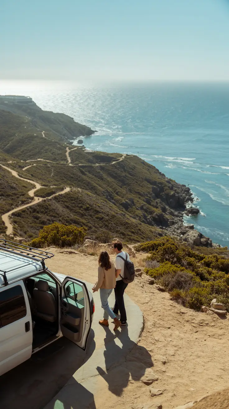 A couple steps off a tour van onto a scenic Catalina Island overlook with sparkling ocean views and winding hiking paths below.