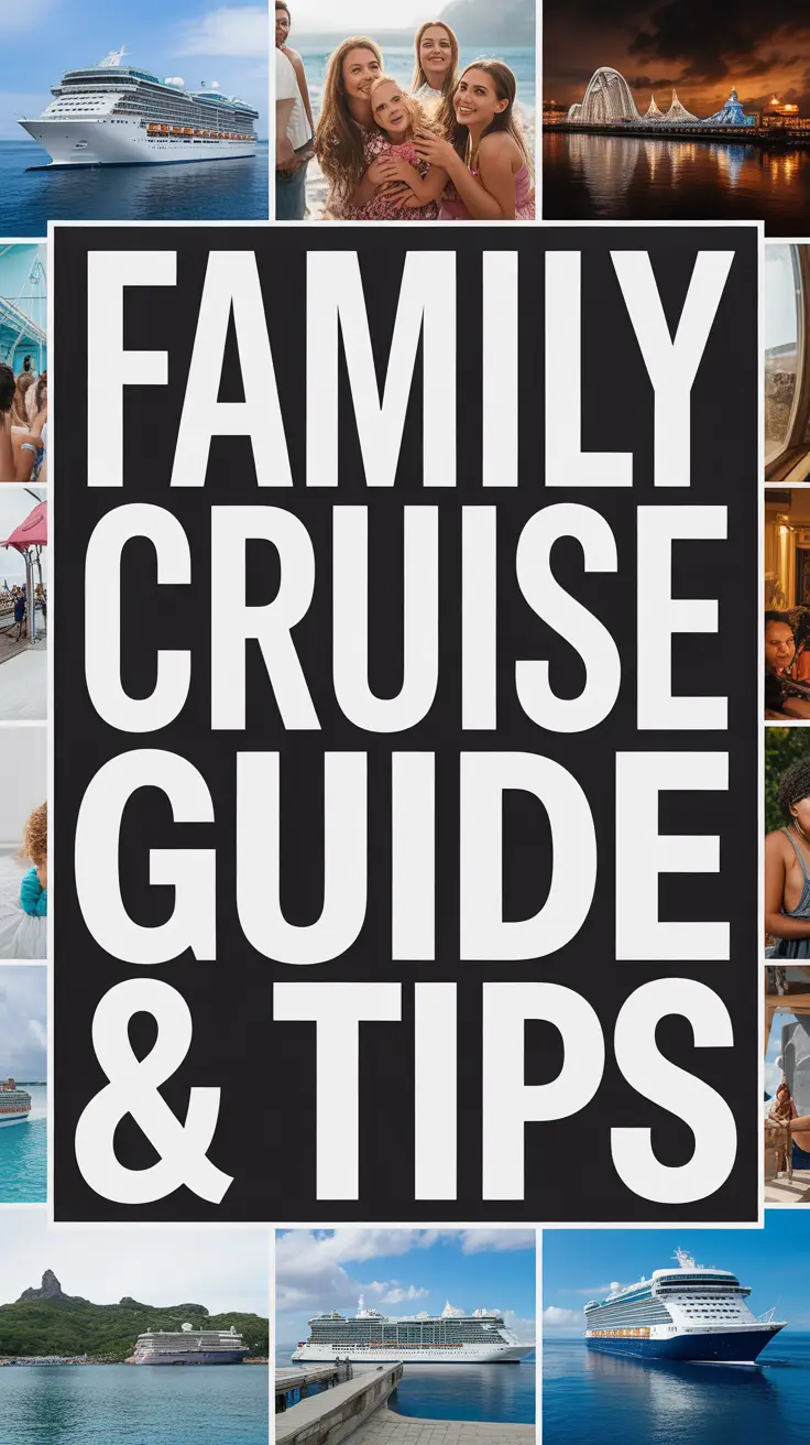 Big text overlay reads “Family Cruise Guide & Tips” in thick, bold white lettering within a prominent box for high visibility, surrounded by a vibrant collage of realistic cruise-themed images.