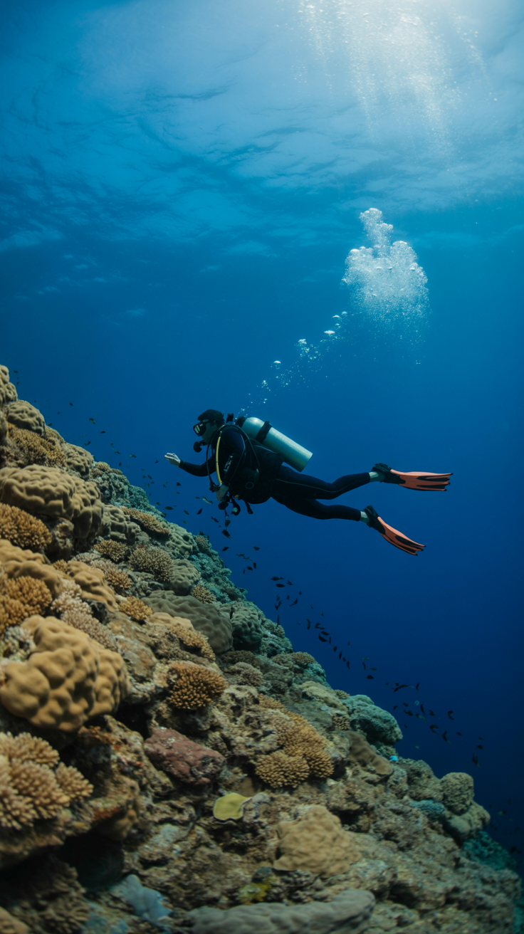 A crystal-clear diver glides above vibrant coral near The Wall at Catalina Island, bathed in golden sunlight beneath a bright blue sky.
