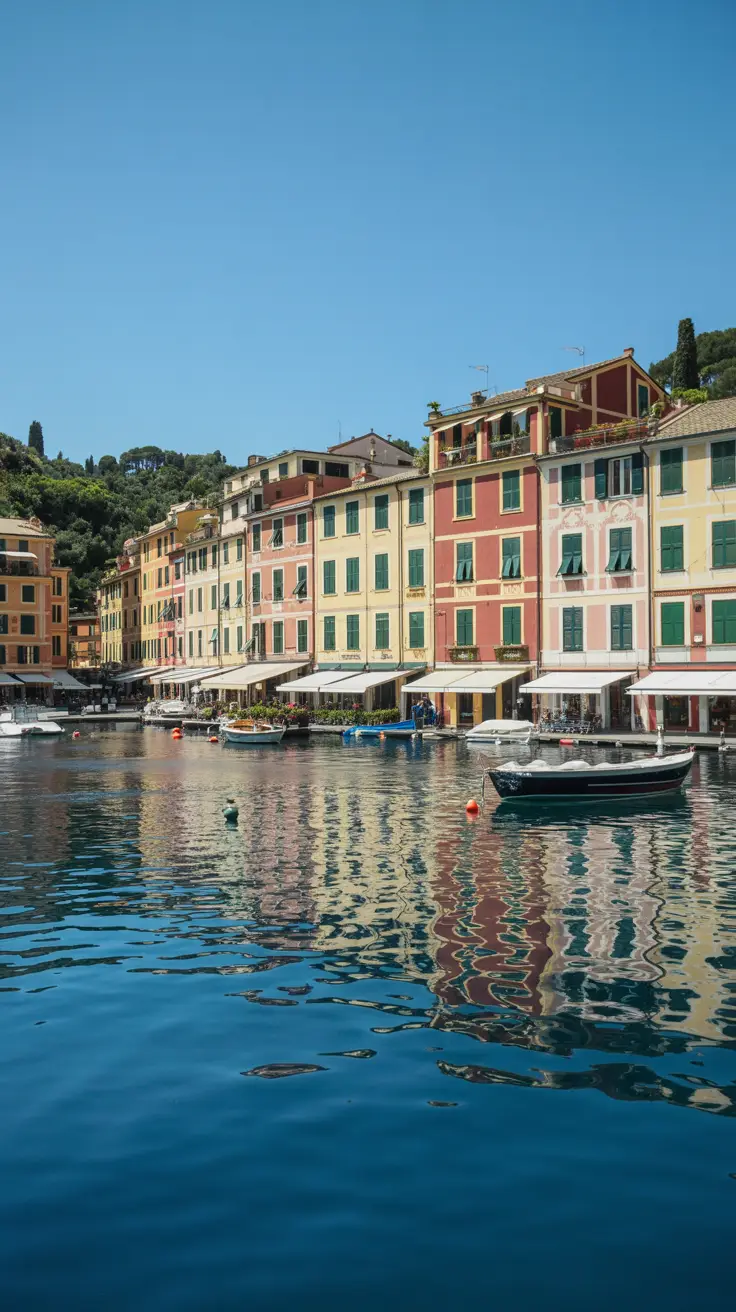 A bright, sunlit view of Portofino’s colorful waterfront buildings reflected in the calm, sapphire-blue harbor, with a few small boats gently bobbing in the clear water.