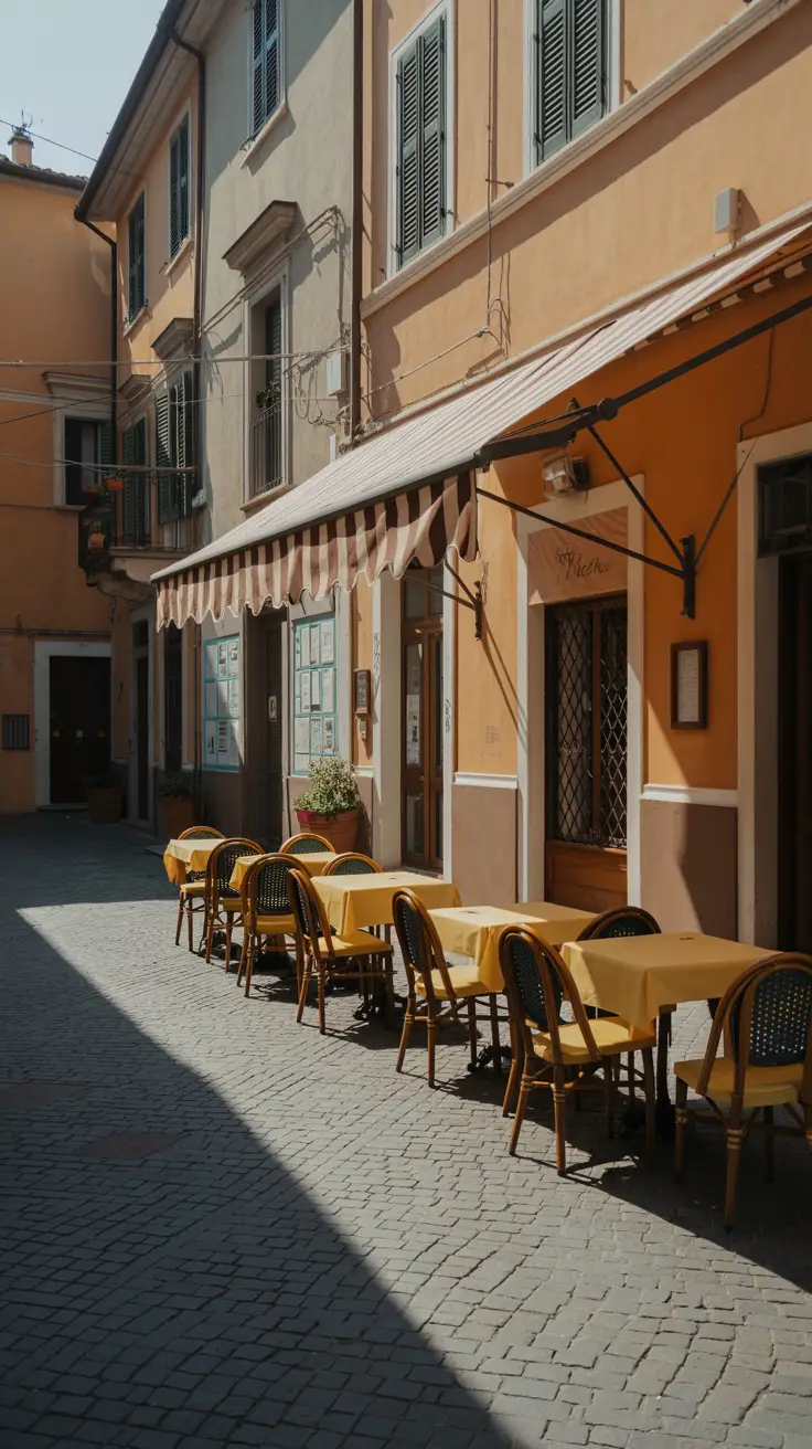 A sunlit cobblestone street in a quiet Italian village with neatly arranged empty café tables under a striped awning, bathed in crisp afternoon shadows.