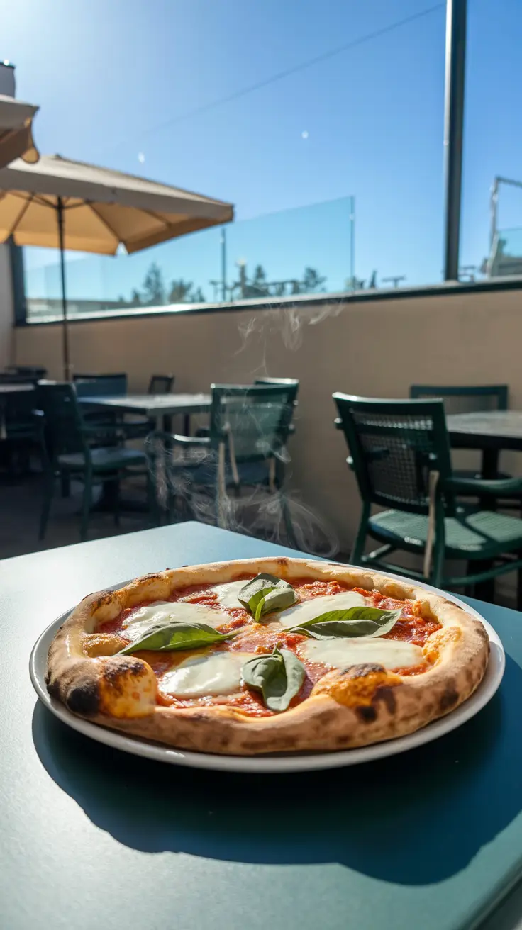A steaming margherita pizza with a golden, blistered crust sits alone on a sunlit outdoor café table under a bright blue sky.