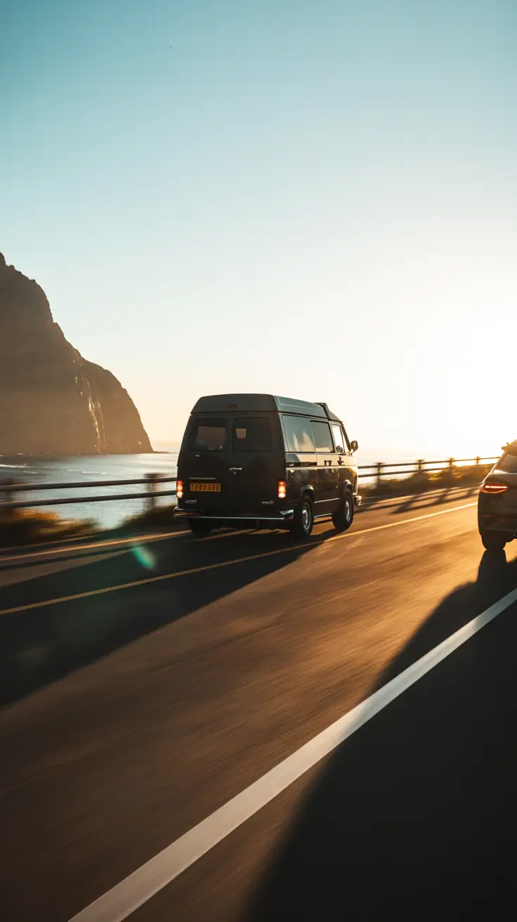 A sleek black van glides along a sunlit coastal road in early morning light, casting long shadows on the asphalt.