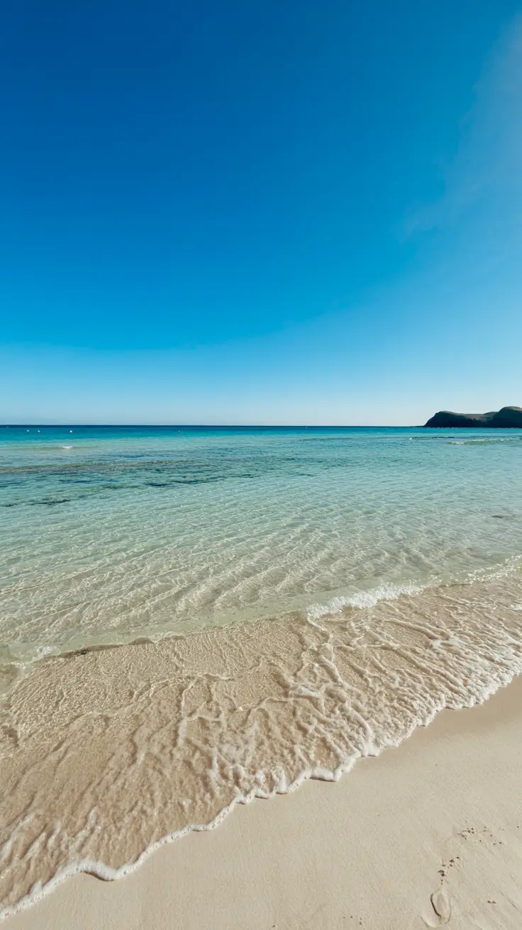 A bright, sunny day illuminates the crystal-clear waters and untouched white sand of Bahía de las Águilas under a vivid blue sky.
