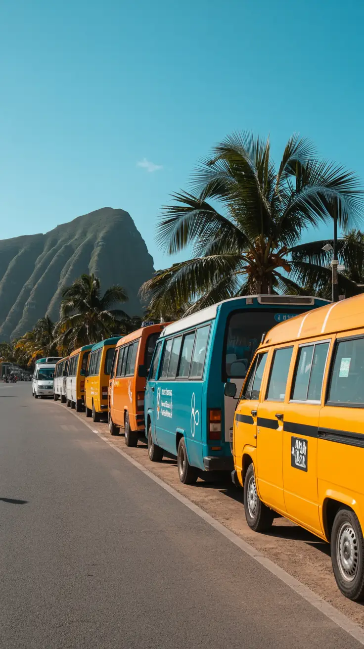 A bright yellow taxi van parked beside a row of colorful tour buses on a sunlit coastal road lined with palm trees, with a gentle mountain range in the background under a clear blue sky.