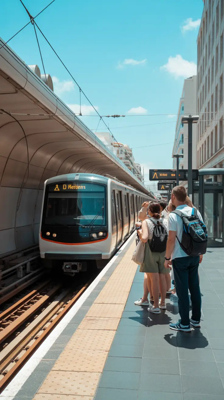 A bright, sunny day in Athens with a sleek metro train arriving at a modern station as cruise passengers with daypacks wait on the platform.
