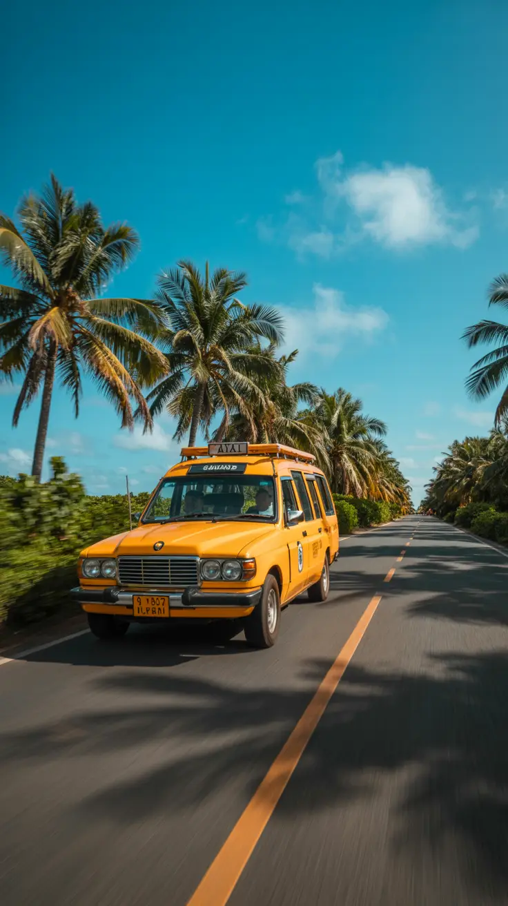 A bright safari taxi travels down a sunny island road lined with swaying palm trees under a clear blue sky.