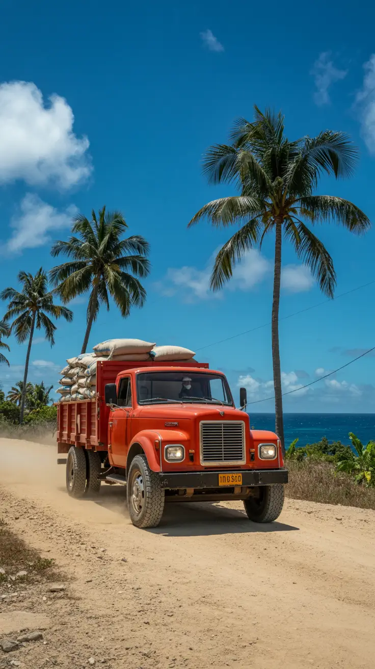 A brightly colored truck rumbles down a dusty road, loaded with coffee sacks, palm trees swaying under a vivid blue sky, the ocean glinting in the distance.