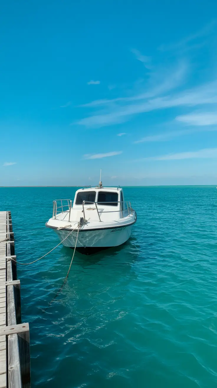 A small white boat floats near the wooden dock at Cabo Rojo Port, its hull glinting in the bright sun under a cloudless blue sky, with calm turquoise water stretching toward the horizon.