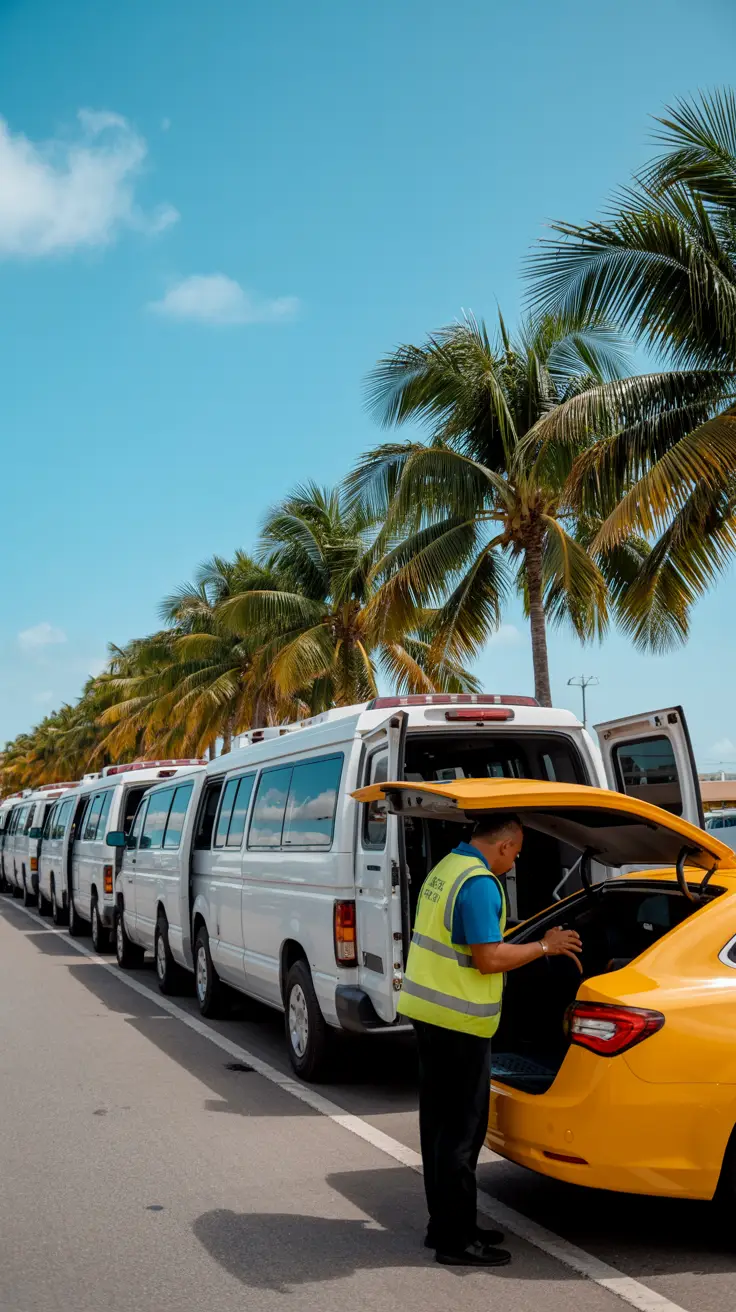 A bright, sunny day at La Romana Port featuring a row of white shuttle vans lined along the curb with open doors awaiting cruise passengers; a yellow taxi with its trunk open as a port staff member in a reflective vest assists with loading luggage, framed by gently swaying palm trees under a clear blue tropical sky.