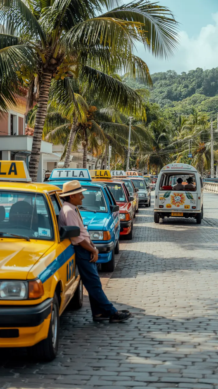 A sunlit cobblestone street curves gently along the Samaná waterfront, where a line of brightly colored taxis—yellow, blue, and red—wait beneath swaying palm trees. In the foreground, a local driver leans casually against his car, wearing a straw hat and smiling as he watches tourists approach. In the distance, a small open-air tour van, adorned with tropical decals, heads toward the lush green hills of the peninsula.