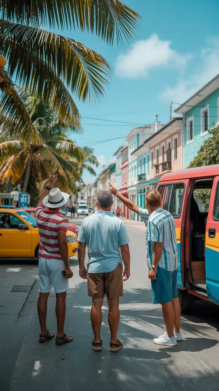 A bright sunny day at Taino Bay: three cruise passengers stand at a crossroads—one pointing toward the distant colonial streets of Puerto Plata, another hailing a yellow taxi, and a third boarding a colorful tour van. Palms sway above, casting soft shadows on the gleaming pavement.
