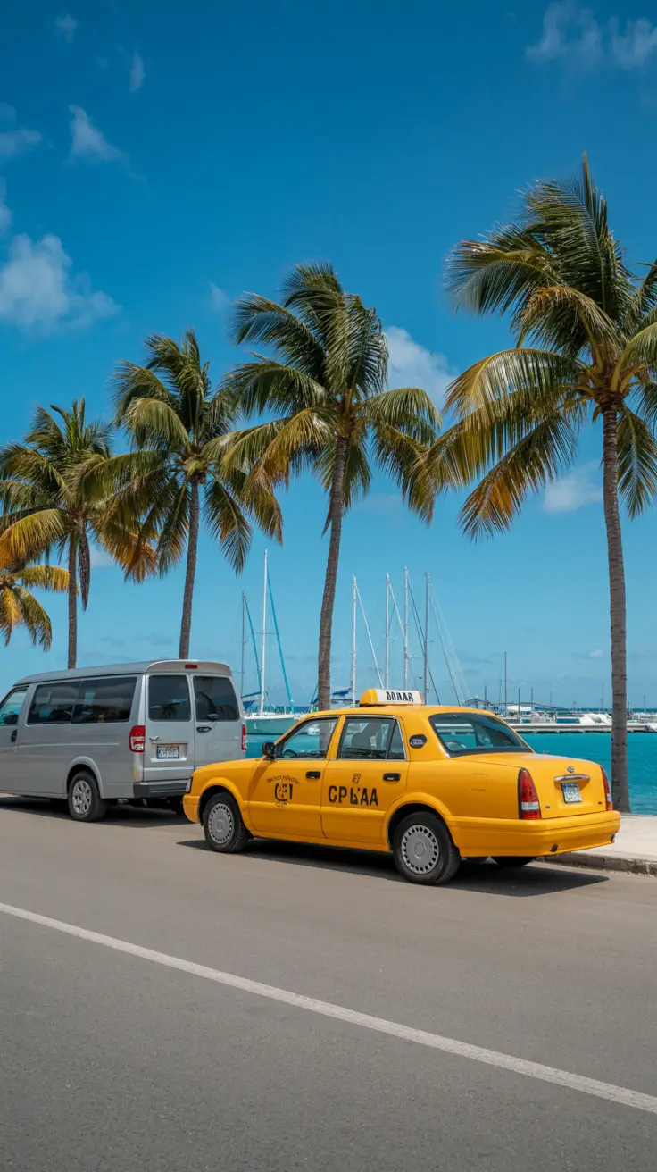 A bright yellow taxi waits beside a sleek shuttle van near Cap Cana Marina, palm trees swaying gently under a vivid blue sky on a clear, sunny day.