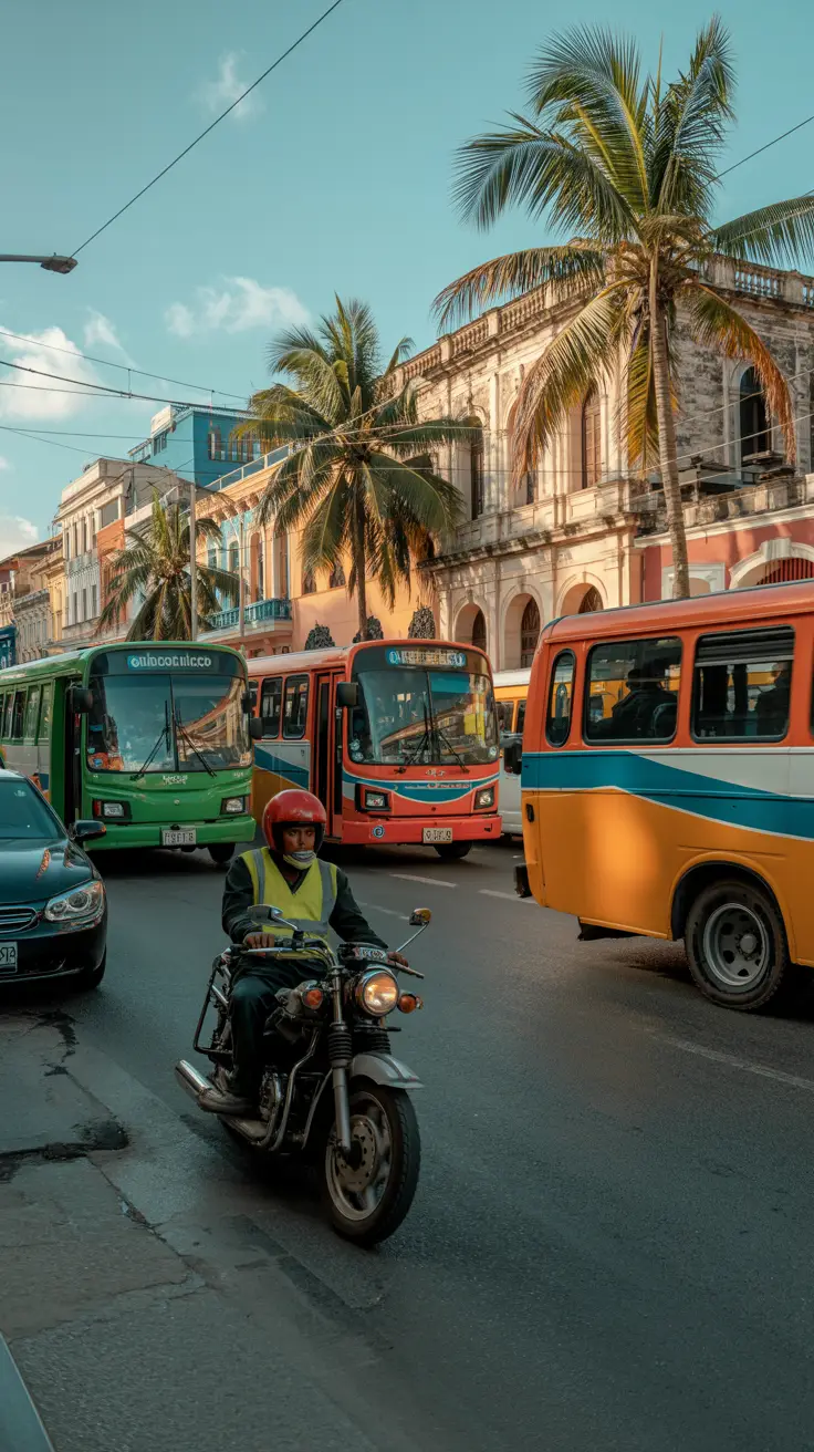 A bustling street in Santo Domingo filled with colorful carros públicos weaving between sleek, modern buses and weathered motorcycles. In the foreground, a motoconcho waits at a corner, its driver wearing a bright helmet and reflective vest. Palm trees sway gently in the background, where the colonial architecture of Zona Colonial peeks through—a blend of aged stone walls and vibrant Caribbean hues. The sun casts warm golden tones across the scene, capturing the energy and rhythm of everyday movement from the port toward the city’s historic heart.