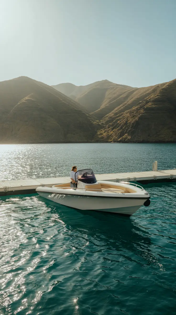 A sleek white tender boat gently approaches a floating dock, sunlight glinting off the rippling turquoise water, with Catalina’s rugged hills rising in the crisp, sunny background.