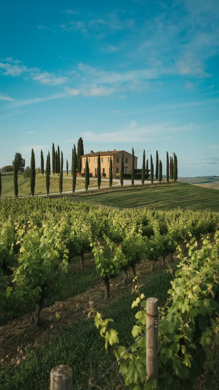 A sun-drenched vineyard stretches across gentle Tuscan hills, with a stone farmhouse tucked among cypress trees under a brilliant blue sky.