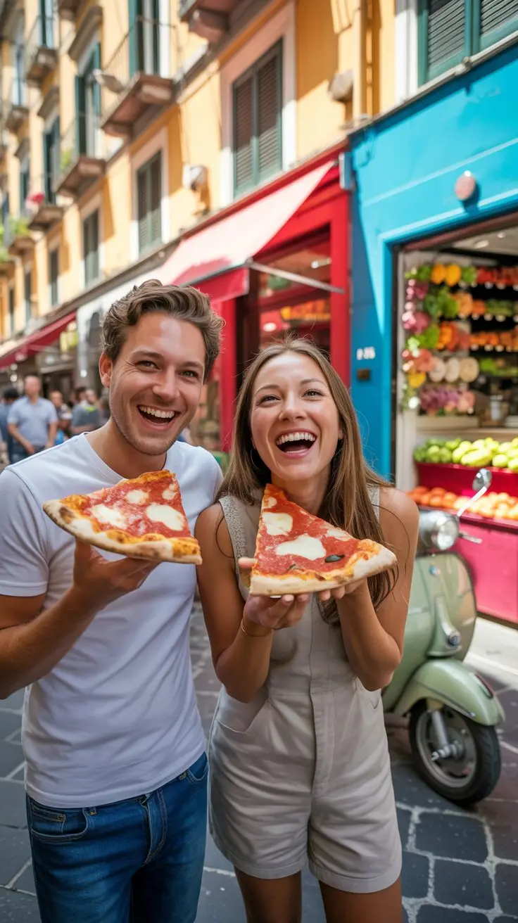 Two tourists in Naples enjoying a slice of pizza
