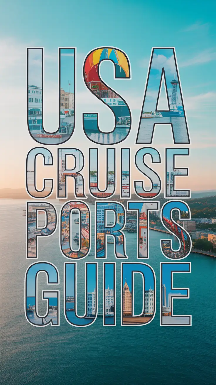 A vibrant travel poster featuring a panoramic collage of iconic USA cruise ports like Miami, New Orleans, and Seattle with nautical-themed "USA Cruise Ports Guide" text over a sunny sea-inspired background.