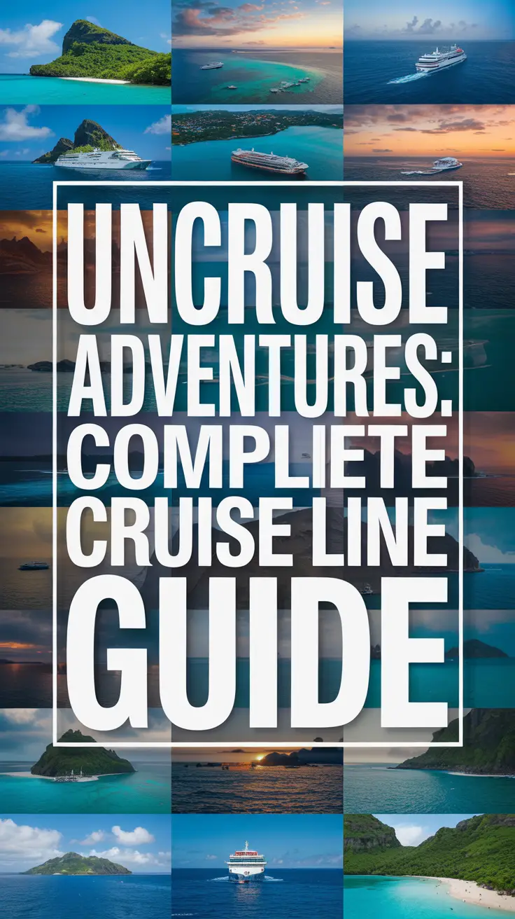 A vibrant travel poster with bold white lettering for "UnCruise Adventures: Complete Cruise Line Guide" centered in a large rectangle, set against a lively collage of turquoise waters, tropical islands, and UnCruise ships exploring remote landscapes in warm sunlight. Alt Tag: Travel poster featuring "UnCruise Adventures: Complete Cruise Line Guide" in bold text over a collage of oceans, tropical islands, and cruise ships, evoking adventure and luxury.