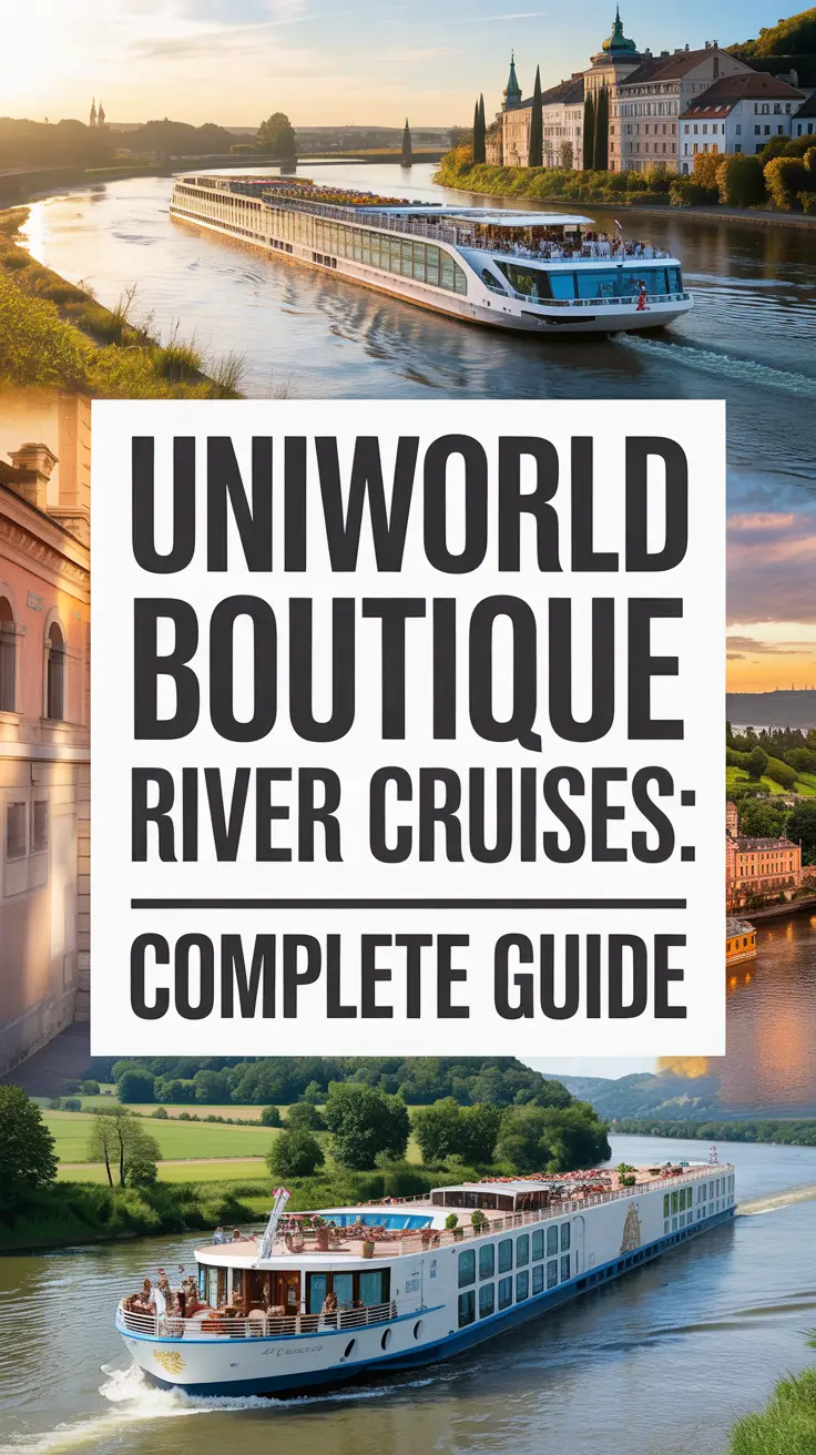 A travel advertisement for Uniworld Boutique River Cruises featuring a bold central title over a vibrant collage of luxurious river ships, European towns, and scenic landscapes bathed in golden light, evoking elegance and adventure. Alt Tag: Luxurious Uniworld river cruise ad with bold title over scenic European landscapes, river ships, and charming towns in warm golden light.