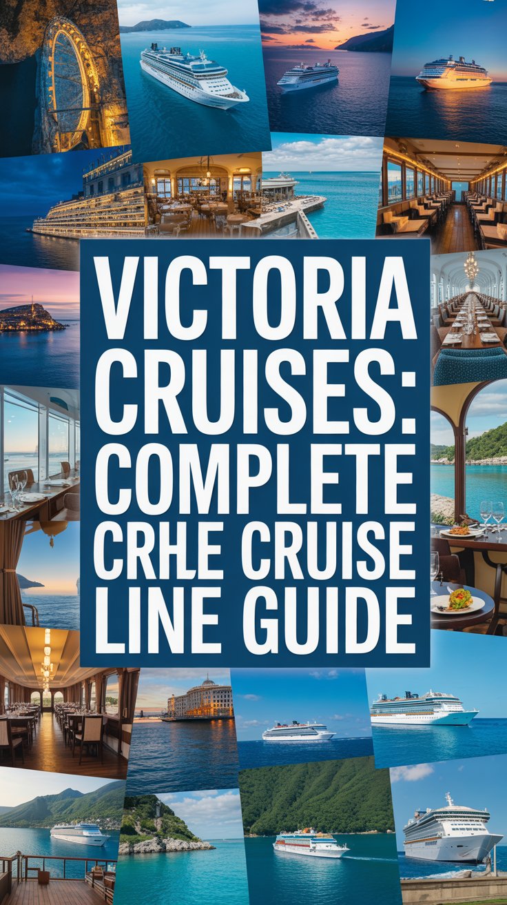 A vibrant advertisement for Victoria Cruises showcases a collage of luxurious cruise scenes including turquoise waters, elegant dining, and scenic coastlines. Bold white text on a navy background reads “Victoria Cruises: Complete Cruise Line Guide,” all set in a modern, aspirational design with warm tones and touches of gold and blue. Alt Tag: Luxurious Victoria Cruises advertisement featuring elegant cruise imagery, bold white text on navy background, and a warm, sophisticated design evokes premium travel and adventure.