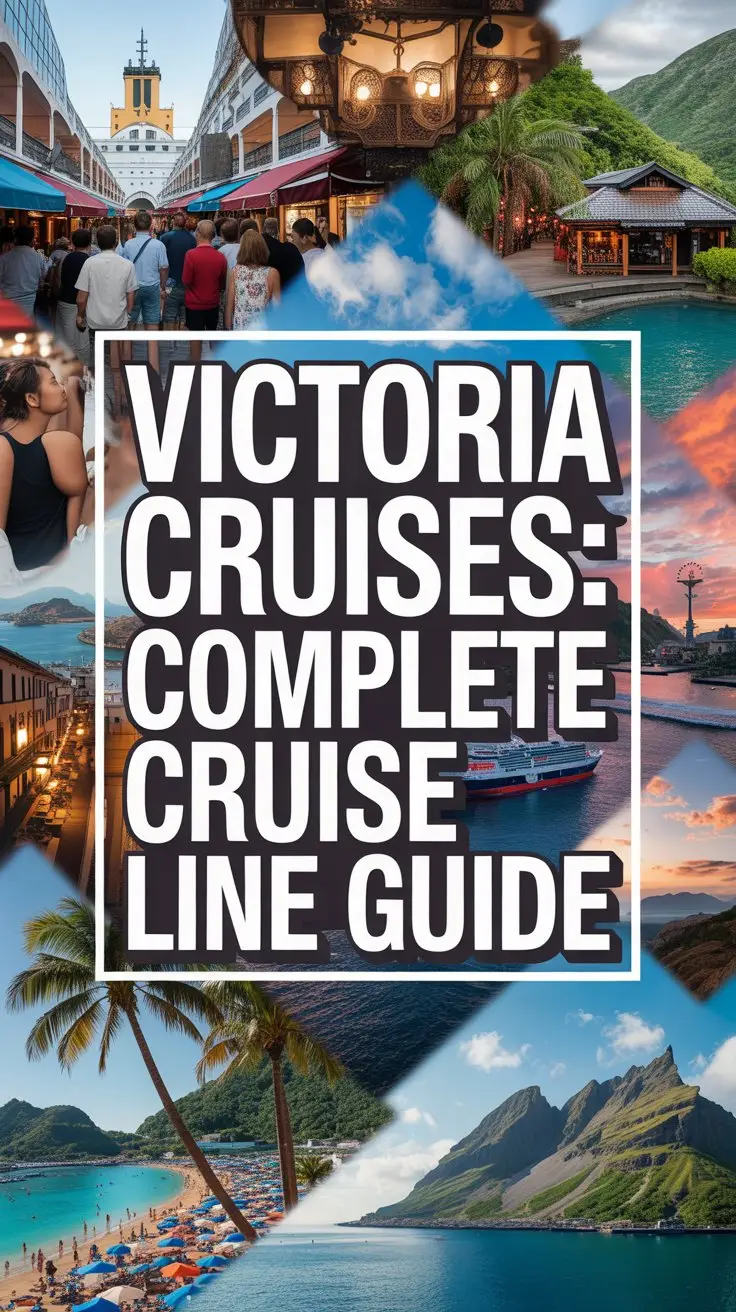 A vibrant, collage-style advertisement for Victoria Cruises, designed to capture the diverse experiences offered beyond the ship itself. The collage features a dynamic arrangement of high-resolution images showcasing exotic destinations: a bustling Moroccan marketplace, a serene Japanese zen garden, a vibrant Caribbean beach, and a panoramic view of the Swiss Alps, all artfully layered and overlapping to create a sense of adventure and discovery. Bold white text overlaying the entire composition reads "Victoria Cruises: Complete Cruise Line Guide" in a thick, modern font encased within a slightly transparent rectangular box, ensuring maximum visibility against the diverse background imagery. The overall aesthetic is energetic and inspiring, evoking a feeling of wanderlust and positioning Victoria Cruises as a gateway to unforgettable global experiences, without depicting a cruise ship directly.