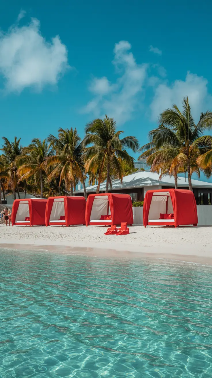 A bright, sunny day at the Virgin Voyages Beach Club in Bimini—turquoise water laps at the white sand shore, with sleek red cabanas lining the beach beneath swaying palm trees.
