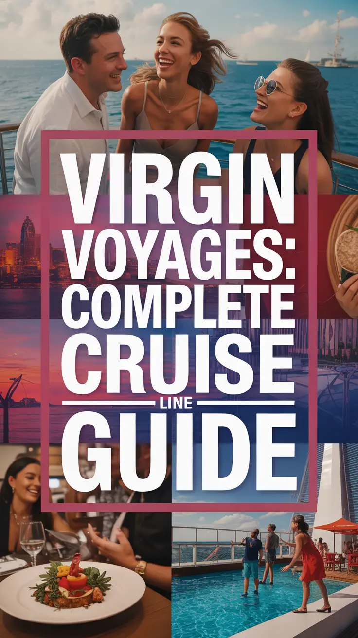 A dynamic lifestyle advertisement for Virgin Voyages featuring a vibrant collage of cruise vacation moments—couples on deck, gourmet dining, and lively poolside scenes—with bold central text over a blurred ocean and cityscape background, illustrating luxury and adventure. Alt Tag: Vibrant Virgin Voyages lifestyle ad showing happy guests on a cruise, fine dining, and poolside fun with bold guide title over ocean and city backdrop.