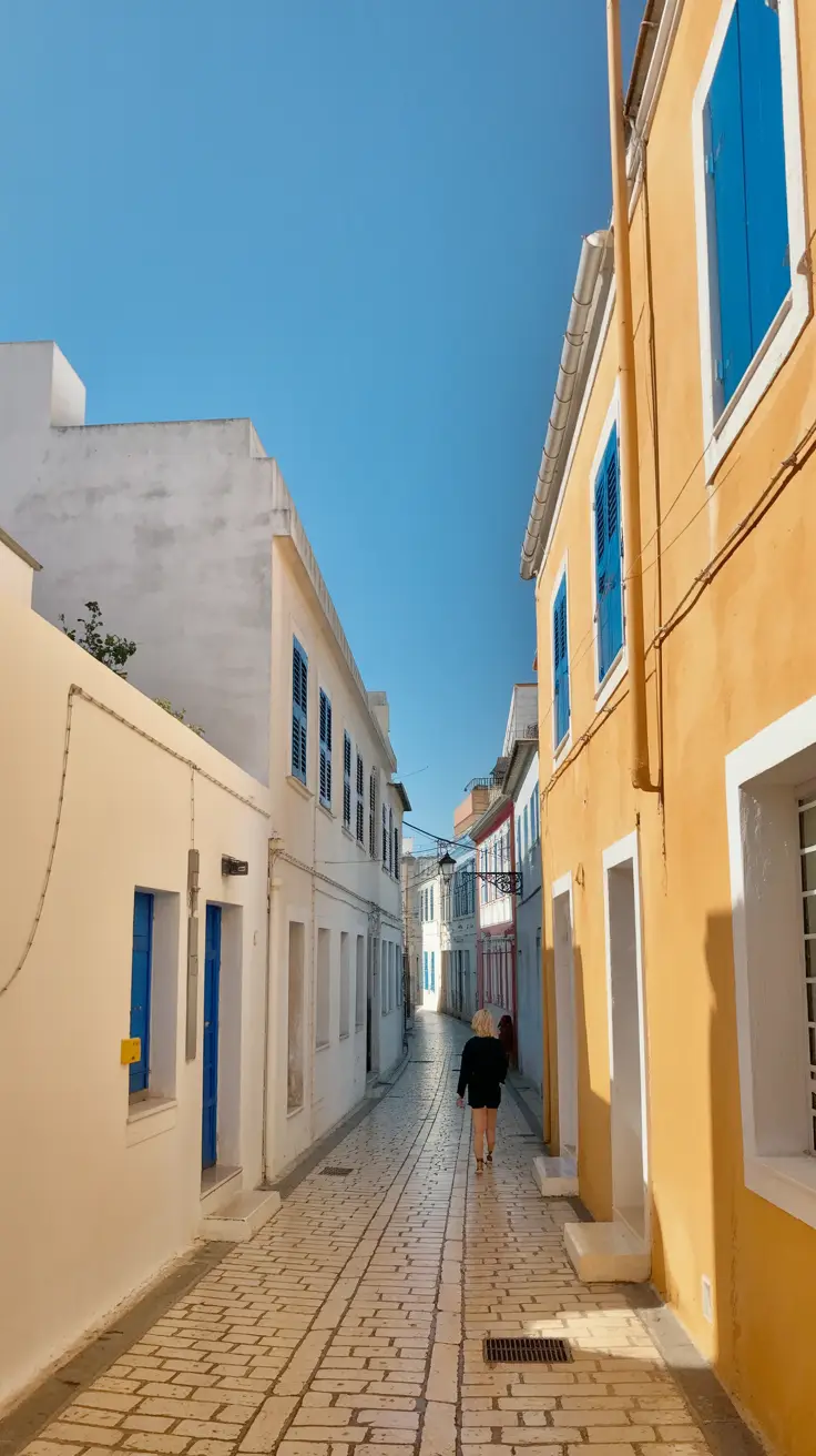 A narrow cobblestone street bathed in golden sunlight, whitewashed buildings with blue shutters lining each side, and a lone cruise passenger walking uphill beneath a vivid blue sky.