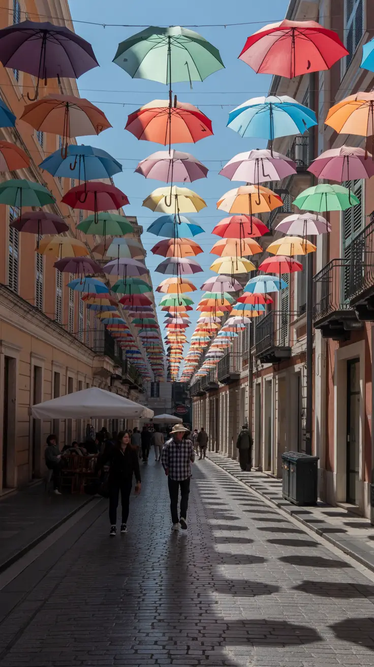 A vibrant street scene in the historic center on a bright sunny day, featuring rows of colorful umbrellas suspended above a cobbled path, casting soft shadows as a few people stroll leisurely below.