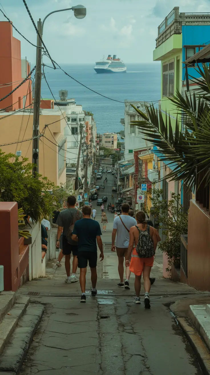 Sweaty pedestrians navigating cracked pavement and uneven sidewalks lined with tropical plants and colorful buildings, with a distant cruise ship visible in a humid, narrow street setting.