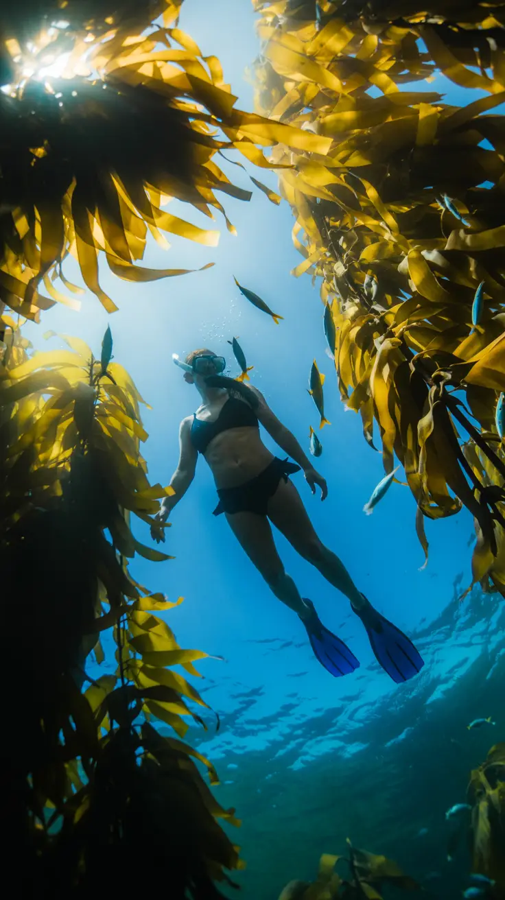 A snorkeler glides through golden kelp in clear water as bright fish dart beneath a vivid blue sky.