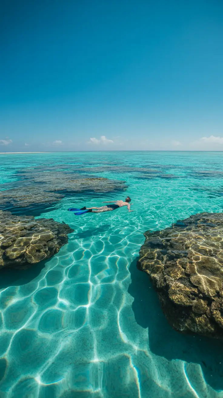 A lone snorkeler floats above crystal-clear turquoise water near coral formations under bright, cloudless sunlight.