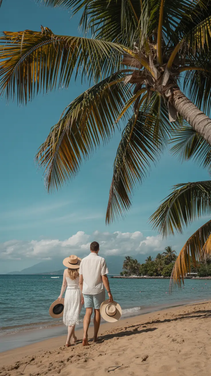 A golden beach in Puerto Plata under a clear blue sky, with a couple walking barefoot near the shoreline holding wide-brimmed sunhats, while palm trees gently sway and cast soft shadows on the sand in the background.