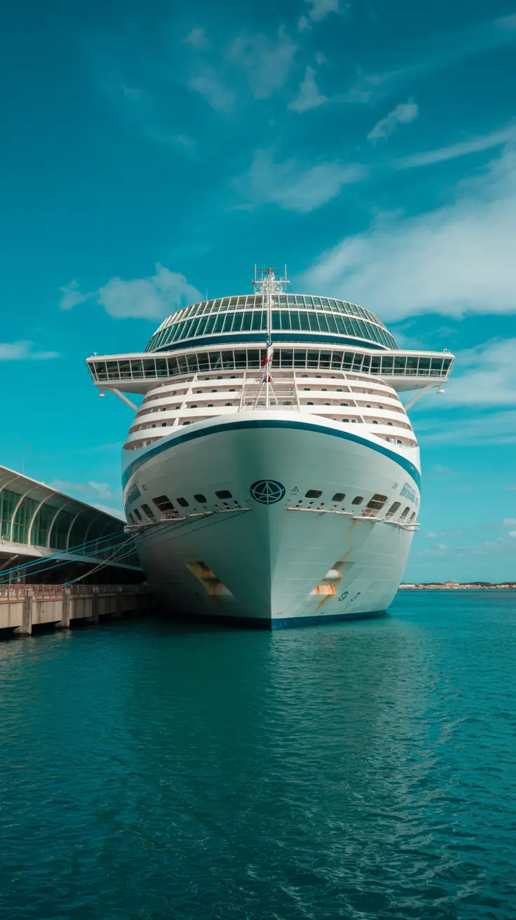 A sleek white cruise ship docked beside a modern terminal building under a clear blue sky, with sun glinting off its polished decks and reflecting on the calm turquoise water.