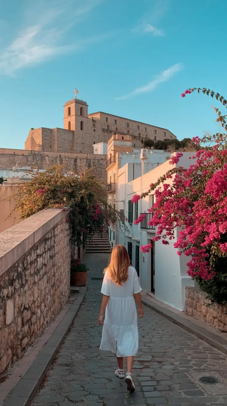 A photograph of Ibiza Town’s historic Dalt Vila fortress bathed in the golden light of a late summer afternoon. The ancient stone walls and narrow cobblestone streets are lined with vibrant bougainvillea in shades of magenta and deep purple. A lone figure, dressed in a flowing white linen dress, walks slowly along the path toward the cathedral, creating a sense of tranquility and timelessness. The sky is a clear azure blue with a few wispy clouds, completing the picturesque Mediterranean scene.