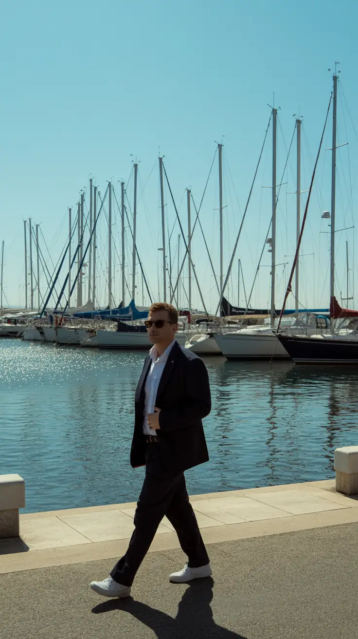 A lone man in sunglasses strolls along the harbor promenade, sunlight glinting off calm blue water and rows of docked sailboats behind him.