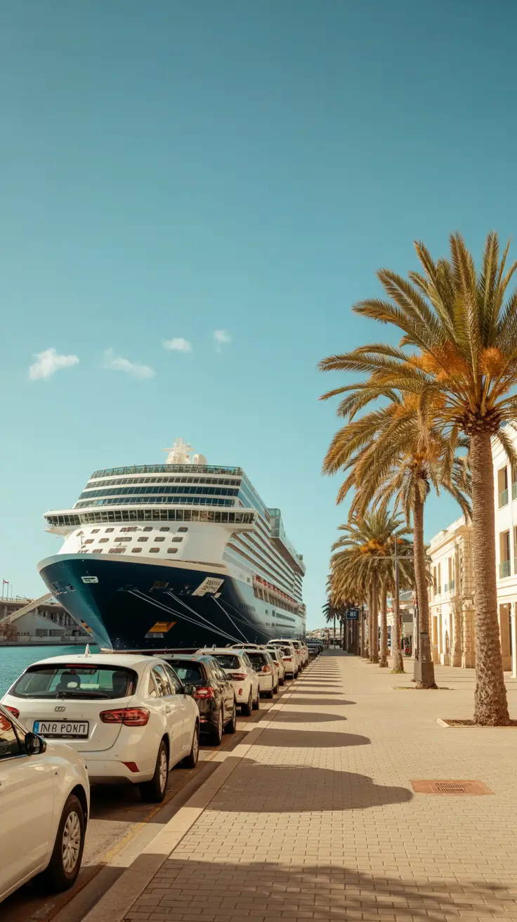A bright, sunny day bathes the Ibiza Cruise Port in golden light; a sleek cruise ship rests beside the dock, while a row of white taxis and palm trees line the clean, sunlit pavement.