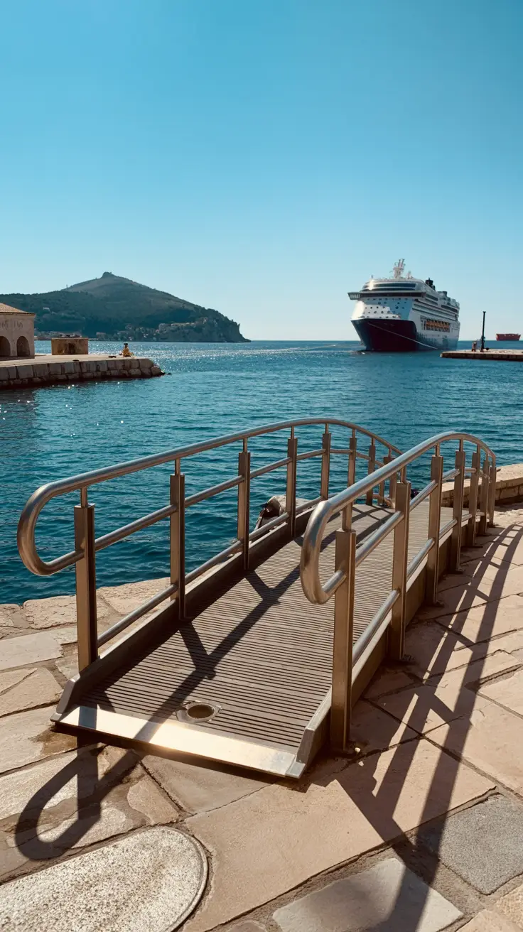 A bright, sunny day at Dubrovnik Cruise Port with a modern wheelchair ramp gently sloping toward the dock; sunlight glistens off smooth metal railings and stone pavement as a large cruise ship rests on the sparkling blue sea in the background.