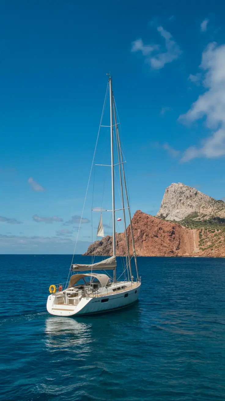 A high-end photo captures a gleaming white sailboat drifting on calm turquoise waters near Ibiza’s rugged coastline, under a brilliant blue sky with the sun casting crisp shadows on the deck.