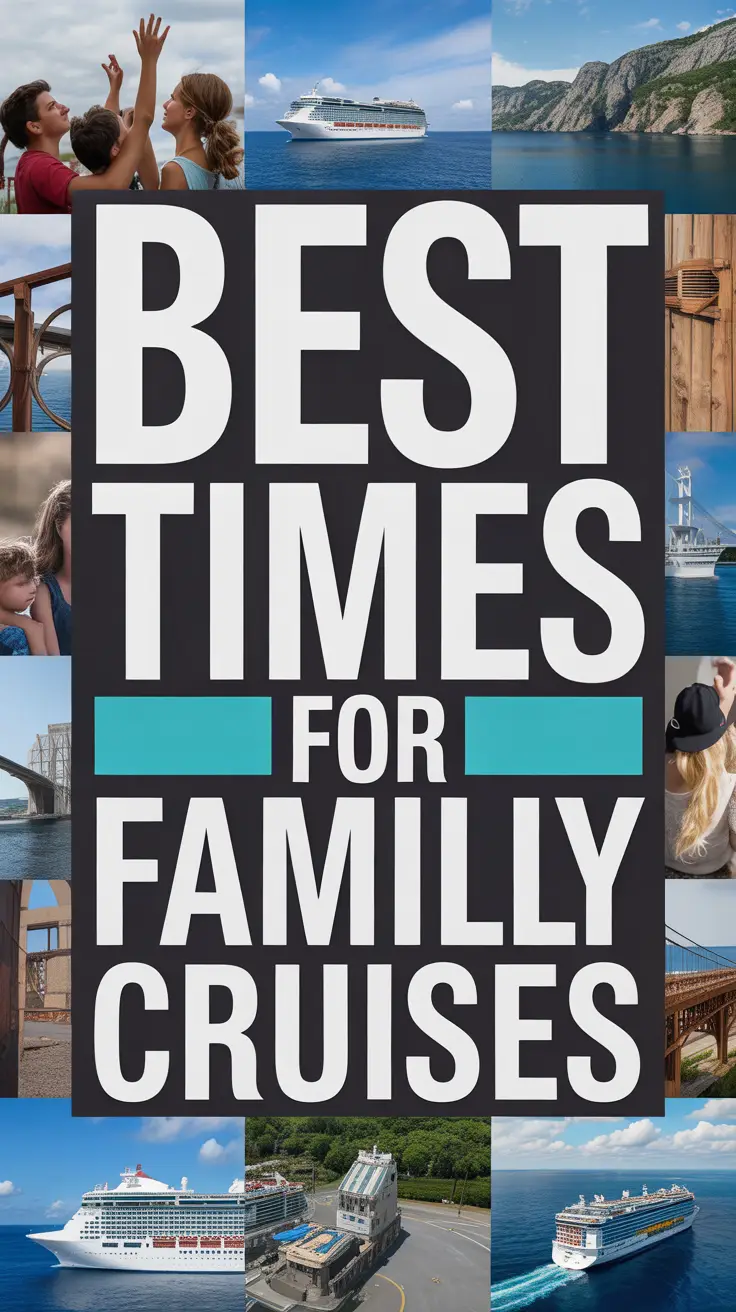 Big text overlay: Best Times for Family Cruises. It's designed to immediately grab attention with its thick, distinctive lettering set prominently in a big box, utilizing a simple yet striking bold white color for maximum visibility. Surrounding this eye-catching typography, a collage of vibrant images. No other text. Alt Tag: Bold white text reading "Best Times for Family Cruises" in a large box, surrounded by a colorful collage of vibrant images, designed in a realistic style to visually engage viewers.