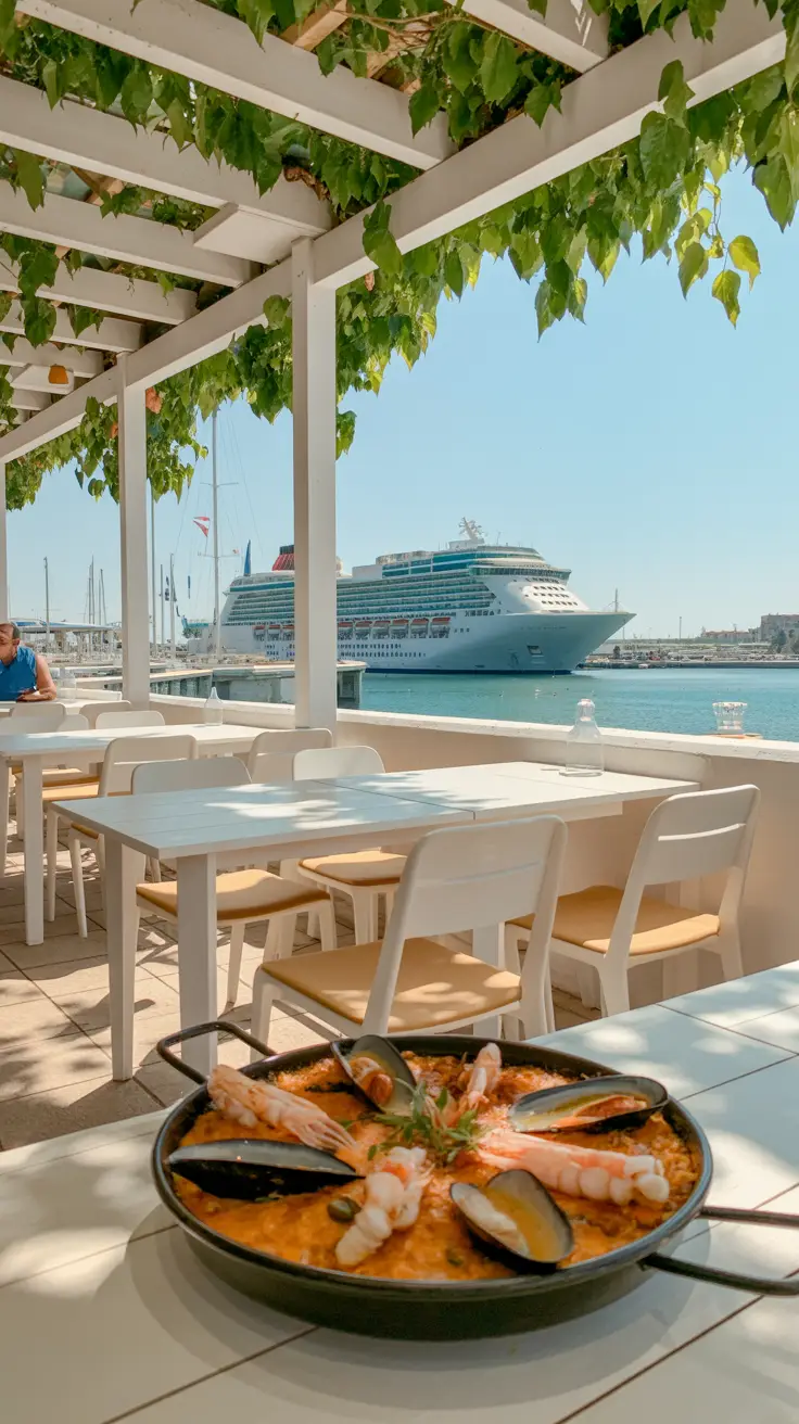 A bright, sunlit outdoor café with whitewashed tables shaded by leafy green vines, a plate of seafood paella steaming in the foreground, and the Ibiza cruise port glimmering softly in the background.