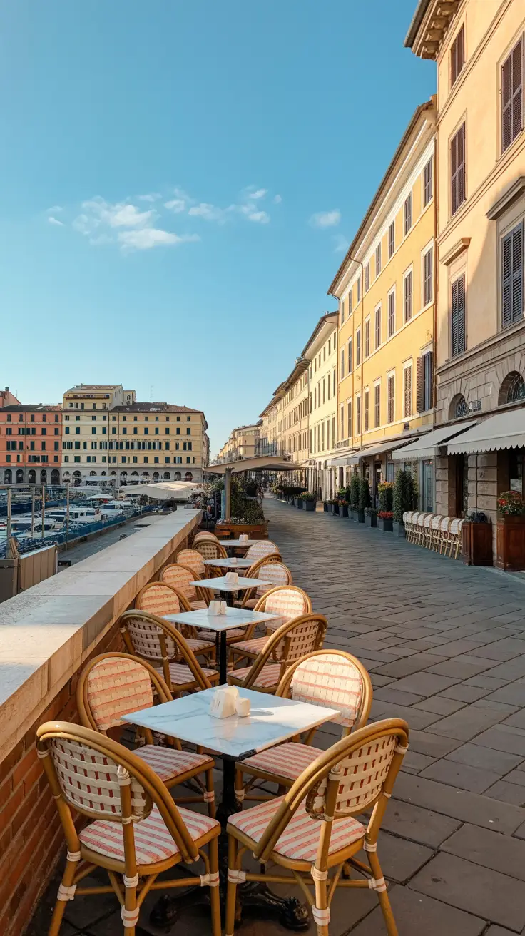 A bright, sunlit café terrace with neatly set tables and colorful chairs, nestled along a cobbled street just steps from the Livorno cruise port; golden light reflects off nearby buildings under a clear blue sky.