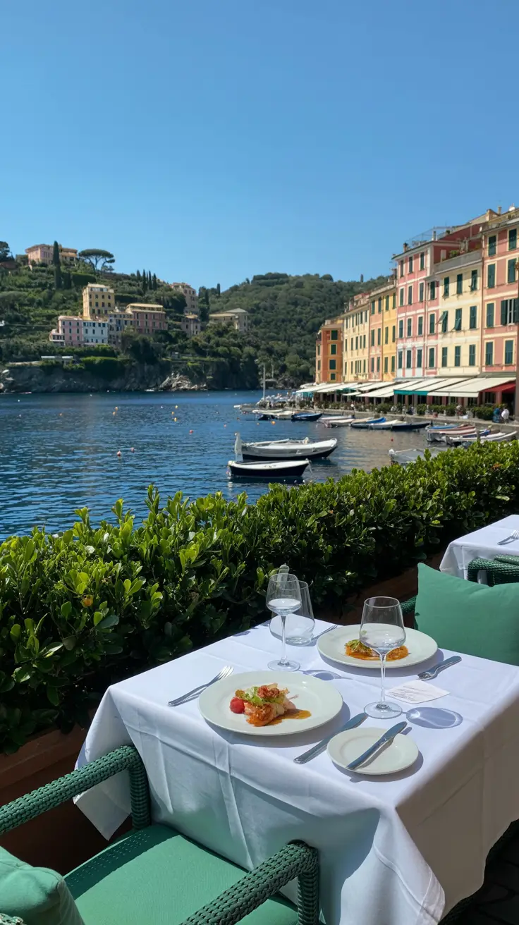 A bright, sunny day in Portofino with a charming seaside restaurant terrace overlooking crystal-blue water, white tablecloths catching the light, and a few elegant dishes freshly served.