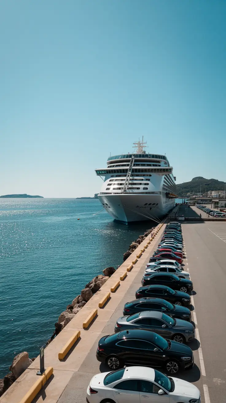 A bright, sunny day at Ibiza Cruise Port, with a sleek row of parked cars beside the harbor's edge; the sea sparkles in the background, and a single white cruise ship rests quietly at dock.
