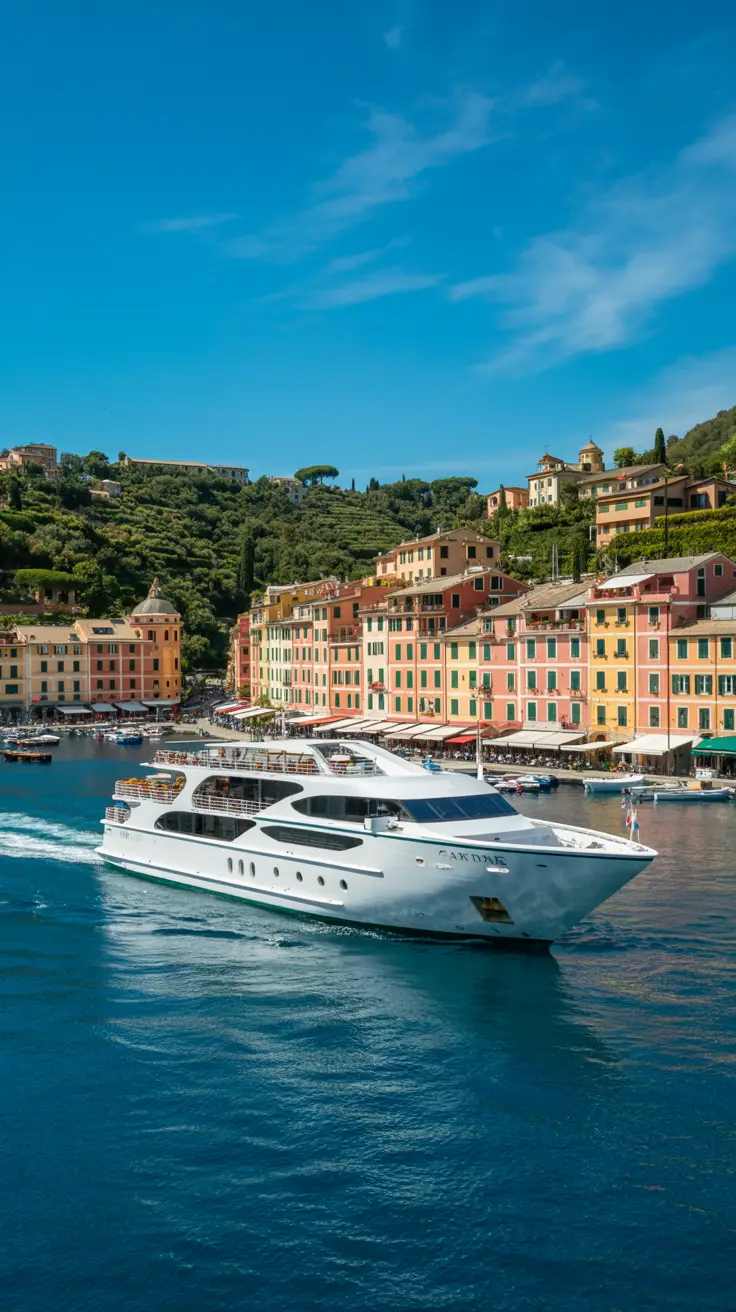 A sleek white cruise ship glides into the vibrant harbor of Portofino under a brilliant blue sky, with colorful hillside buildings glowing in the sunlight.